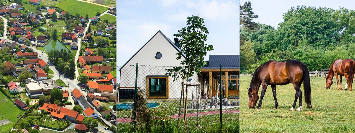 Ilustrační koláž (letecký snímek, školka, koně)